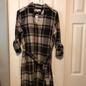 Loft Plaid Black and Tan Shirtdress